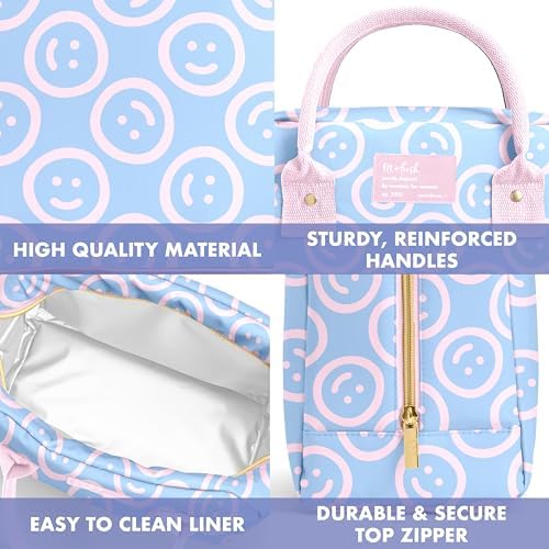 Fit & Fresh Bloomington Lunch Bag for Women - Insulated Large Lunch Box for Work with Containers, Leak-Resistant, Stain-Resistant, Zipper Closure, All Smiles Bubble Gum