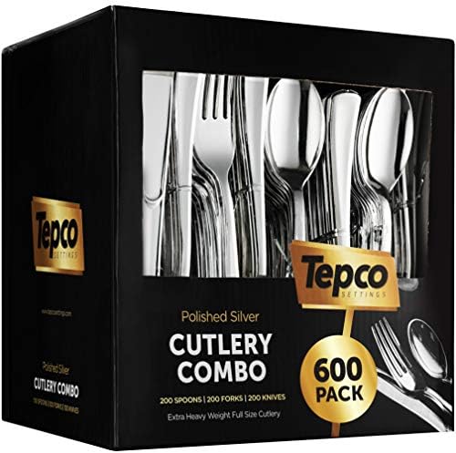 600 Plastic Silverware Set - Plastic Cutlery Set - Disposable - Flatware Set - 200 Forks - 200 Spoons - 200 Knives - Heavy Duty - Party Bulk - Silver