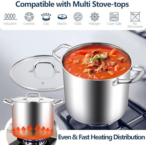 E-far 10 Quart Pot, Stainless Steel Stock Cooking Pot with Glass Lid for Soup Canning Stewing Simmering, Heavy Duty Large Cookware with Triply Base for Induction Gas Ceramic Stoves, Dishwasher Safe
