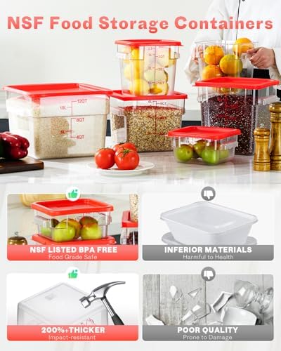 4QT 4PCS NSF Commercial Clear Food Storage Containers with Lids(RED)