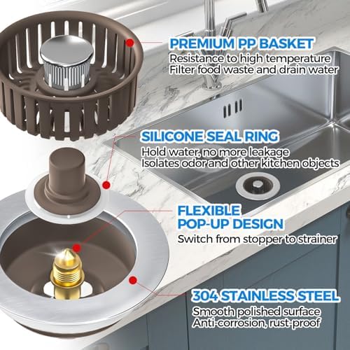 zaa 3 in 1 Kitchen Sink Drain Strainer Stopper Removable Basket Pop-Up