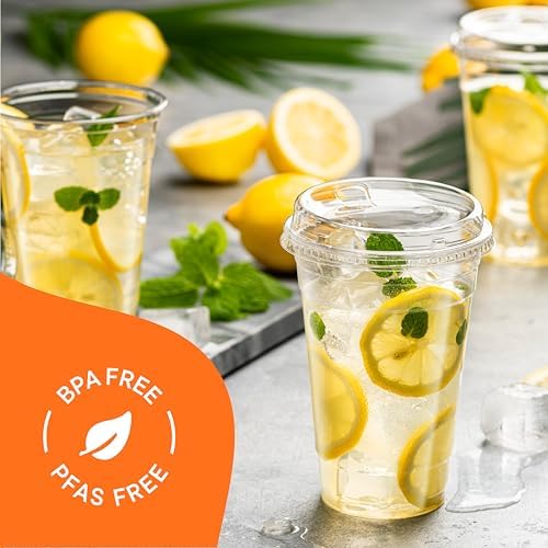 20 oz Clear Plastic Cups with Strawless Sip-Lids [50 Sets] PET Crystal Clear Disposable 16oz Plastic Cups with Lids - Crystal Clear, Durable Cup - BPA Free + Crack Resistant, for Coffee, Juice, Shakes