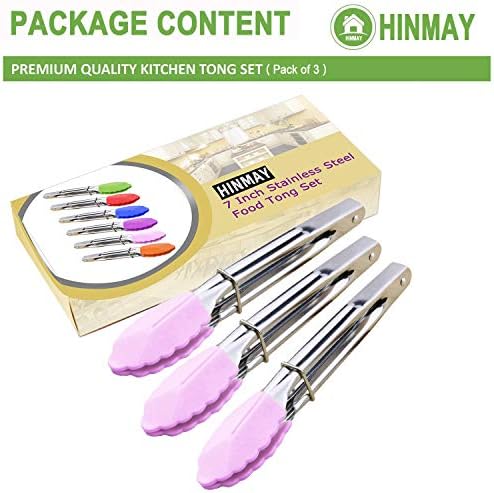 HINMAY 7-Inch Serving Tongs with Silicone Tips, Set of 3 (Pink)