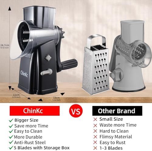 Upgrade Rotary Cheese Grater Shredder with Handle, Strong Suction Base, Multi-purpose Rotary Grater Slicer with 5 Interchangeable Blades for Ice, Vegetables, Fruit, Nuts with Blade Storage Box