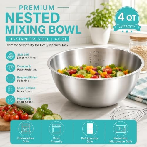 Stainless Steel Mixing Bowls Set of 3, 1.5/2.5/4 Qt, Nesting Bowls