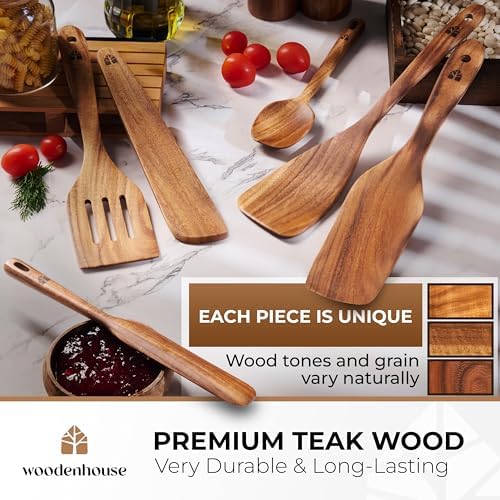 Wooden Spatula for Cooking, Teak Set of 6 for Non-Stick & Cast Iron