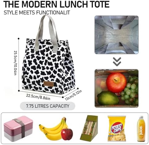 TELLUMO Black Cow Print Insulated Lunch Bag for Women, Cute Small Reusable Leakproof Lunch Box Tote Bag for Work Office Travel