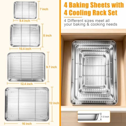 Homikit Baking Sheet with Wire Rack Set (4 Pans + 4 Racks), 16/12/10/9 Inch