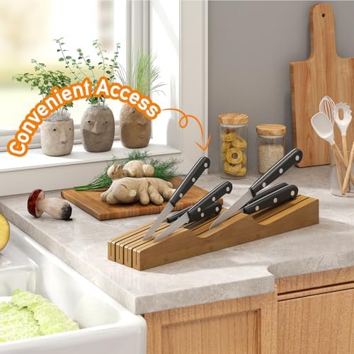 In-Drawer Knife Block Organizer - Bamboo Wood Drawer Knife Organizer-Protecting Knife Organizer Block (Not Included) (Brown, 7 Knives Dock)