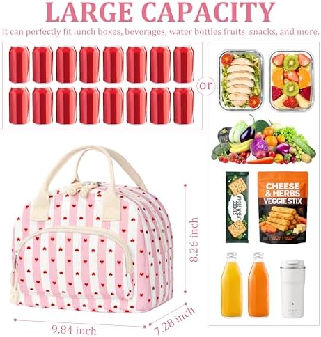 TESAFNG Lunch Bag - Insulated Lunch Box for Women, Reusable Large Capacity Cooler Bag for Adult, Small Leakproof Cute Corduroy Lunch Tote for Work Office Travel Picnic (Striped Pink Heart)