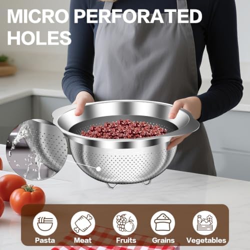 Large Strainers and Colanders, Big Stainless Steel Colanders for Kitchen, Stainless Steel Strainer Set of 3 (7 QT, 6 QT, 5 QT) for Draing Pasta Spaghetti Fruit Vegetable