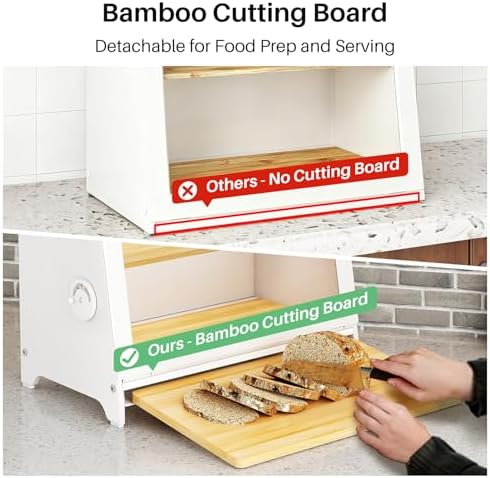 SNTD Airtight Bread Box for Kitchen Countertop, Bamboo Cutting Board, White