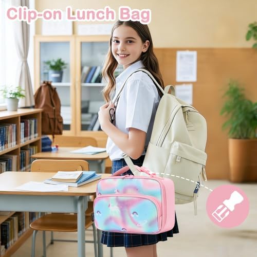 FlowFly Kids Lunch box Insulated Soft Bag Mini Cooler Back to School Thermal Meal Tote Kit for Girls, Boys,Glitter-Unicorn