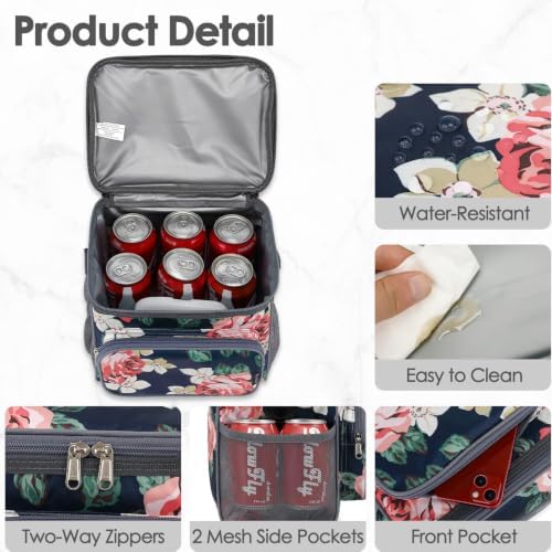 FlowFly Insulated Reusable Lunch Bag Adult Large Lunch Box for Women and Men with Adjustable Shoulder Strap,Front Zipper Pocket and Dual Large Mesh Side Pockets,Peony