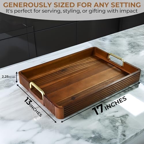 Acacia Wood Serving Tray with Metal Handle, 17x13in Tray for Ottoman