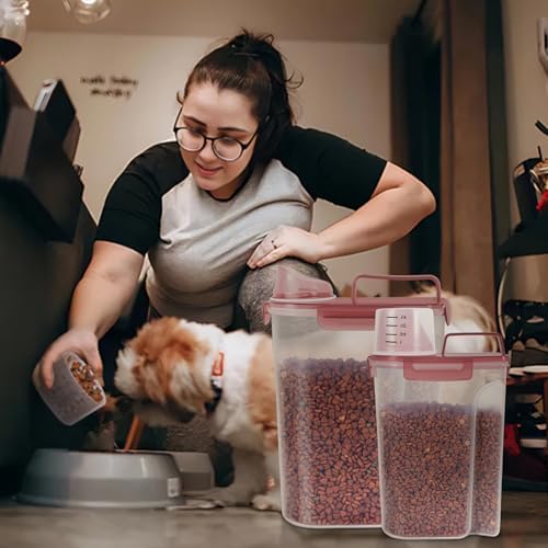 LEAWALK 2Pack Cat Dog Food Storage Container Upgraded Large Nozzle BPA-free, 3+5lbs Plastic Pet Food Containers, With 4 Sealed Clasps/1 Measuring Cup/Handle Easy Clean and Carry (Clear Pink)
