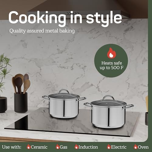 Stainless Steel Stockpot with Tempered Glass Lid 5 Quart, Durable 18/0 Stainless Steel, Impact-Bonded Base for Even Heating, Riveted Handles, Oven & All Stove Compatible, Safe Up To 500°F (260°C)