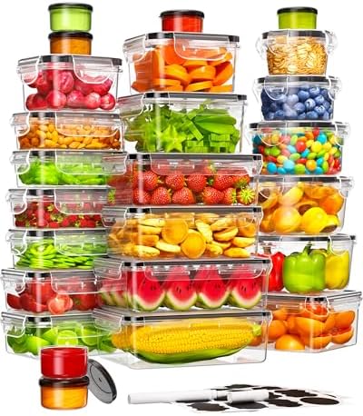 50 Piece Food Storage Containers with Lids(25 Containers & 25 Lids), BPA-Free Plastic Food Containers for Kitchen Storage and Organization, Leak Proof Meal Prep Container, Includes Labels & Pen