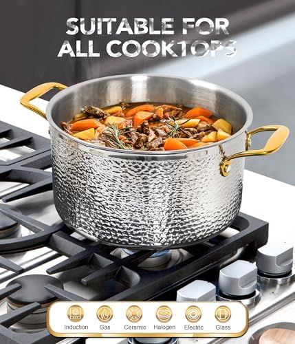 Michelangelo Triply Stainless Steel Stock Pot with Lid, Luxury Hammered Stainless Steel 6 Quart Pot with Lid & Golden Handle, Premium Induction Stockpot - 6QT