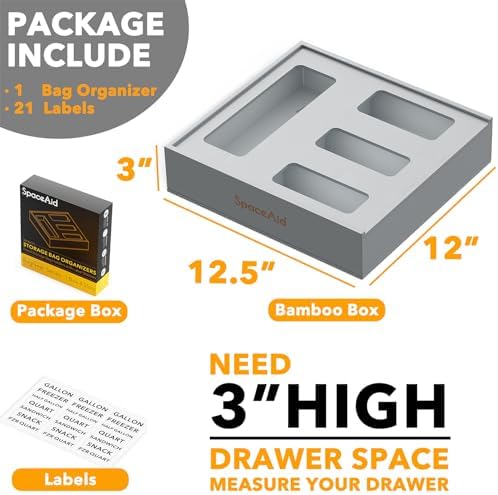 SpaceAid Bag Storage Organizer for Kitchen Drawer, Bamboo Organizer, Compatible with Gallon, Quart, Sandwich and Snack Variety Size Bag (1 Box 4 Slots), Gray