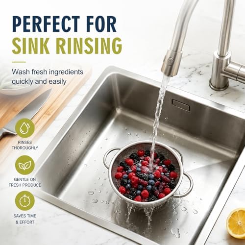 Palksky Small Colander Set of 2, 800 mL / 0.85 Qt Stainless Steel Mini Colanders with Riveted Handles, Footed Base & Micro-Perforations, Berry Wash Bowl for Berries, Fruits, Vegetables & Pasta
