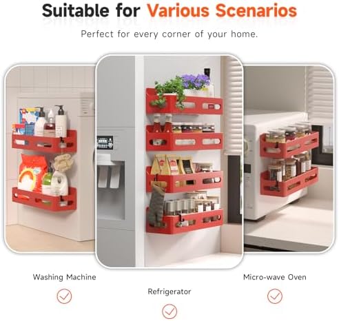 Sevenblue 4-Pack Magnetic Spice Rack for Refrigerator with Hooks, Red