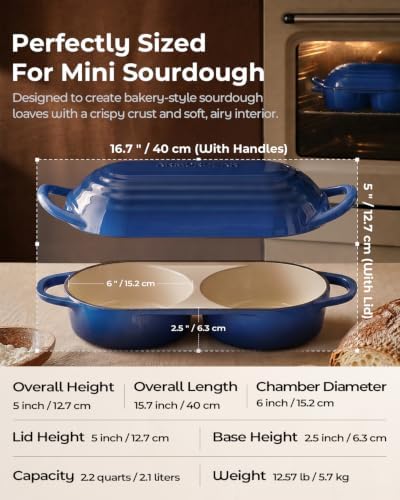 Sourdough Bread Baking Kit with Double Loaf Cast Iron Bread Pan, Blue