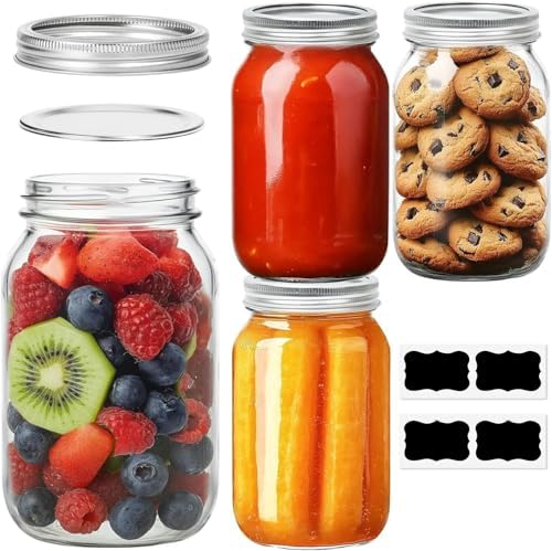 ComSaf 32 oz Wide Mouth Mason Jars 4 Pack Large Glass Jars with Lids
