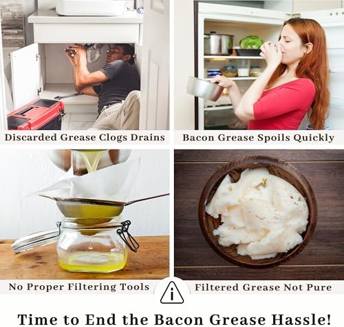 Ayerphalo Bacon Grease Container with Strainer - With Food-Grade Silicone Spatula, 24oz Enamel Rustic Farmhouse Fat Container, Keeper, Recipes, Dishwasher Safe