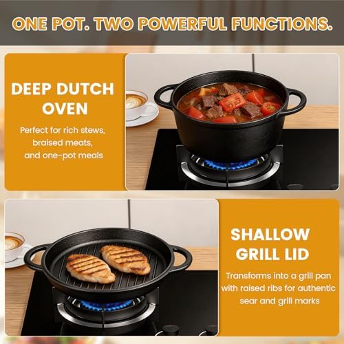 3.5QT Cast Iron Dutch Oven with Skillet Lid, 2-in-1 Cookware Set