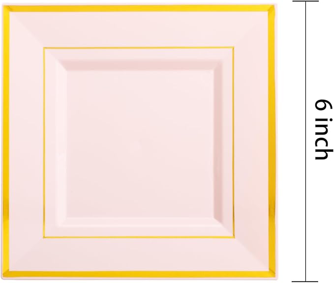 bUCLA 100PCS Pink Square Plastic Plates - 6inch Disposable Pink and Gold - Premium Hard Square Small Appetizer/Cake Plates for Wedding, Party & Easter