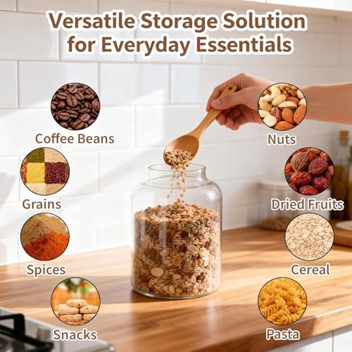 77L 2 PCS Large Glass Food Storage Jars with Airtight Lids, 4.2 Qt Wide Mouth Glass Canister Set for Pantry, Rice, Flour, Sugar, Cereal & Coffee