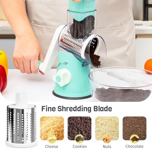 Cheese Grater Hand Crank, Rotary Cheese Shredder with 3 Interchangeable Blades for Coarse, Fine Shredding and Slicing, Strong Suction Base for Pizza, Pasta, Salad, Vegetables, Nuts, Chocolate
