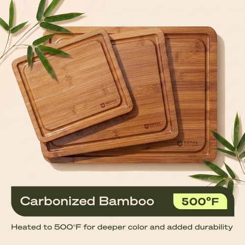 ROYAL CRAFT WOOD Wooden Cutting Boards for Kitchen Meal Prep & Serving - Bamboo Non Toxic Cutting Board Set with Deep Juice Groove Side Handles - Charcuterie & Chopping Butcher Block for Meat (3 Pcs)