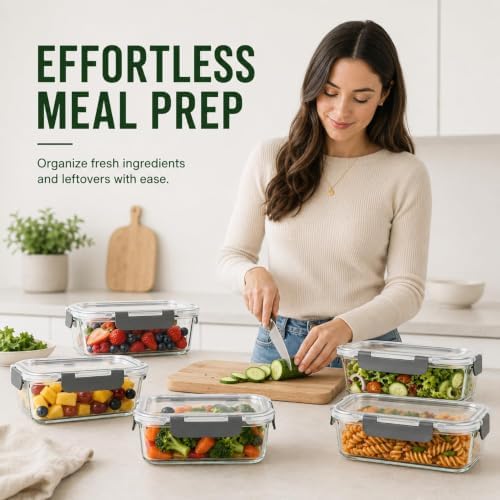10 Piece Glass Food Storage Containers with Lids, Meal Prep Containers Set
