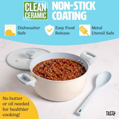 Tasty Ceramic Stock Pot with Glass Lid, Silicone Spoon, Healthy Nonstick Dutch Oven, Soup Pot, Casserole, Made without PFAS, PFOA, PFOS and PTFE, Dishwasher Safe, 5-Quart, 3-Piece Set, Blue