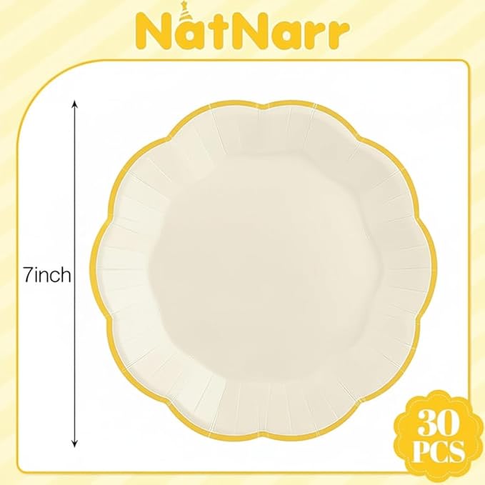 30 Pcs White and Gold Paper Plates, 7 Inch Cream Paper Plates Ivory Plate with Gold Trim Scalloped Wedding Plate for Baby Shower, Wedding, Birthday, Tea Party