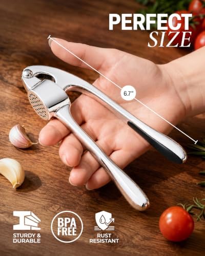 Zulay Kitchen Premium Garlic Press Set - Rust Proof Professional Garlic Mincer Tool - Easy-Squeeze, Easy-Clean with Soft, Ergonomic Handle - Silicone Garlic Peeler & Brush (Chrome)
