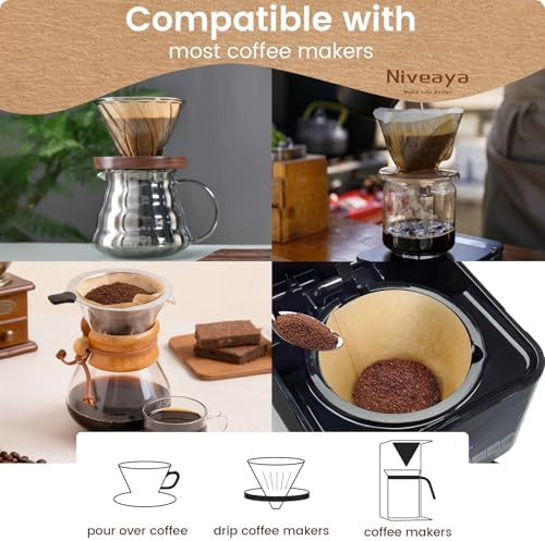 Niveaya Coffee Filters 300 Count, Cone Coffee Filter #4, Natural Paper Coffee Filter 8-12Cup (natural brown-300pcs, 04)