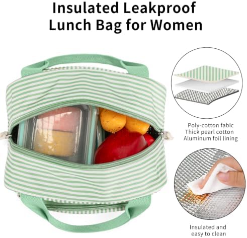 Lunch Bag Women Lunch Box for Women Adult Cute Insulated Lunch Bag Small Cooler Lunch Tote Bags for Work Picnic Travel (Green Stripes)