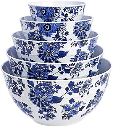 Amazon Basics Mixing Bowls with Lids, Nesting Melamine Serving Bowls, Non-Slip Base, BPA Free, Dishwasher Safe, 5 Sizes, Blue and White Floral, Set Of 10 (Pack of 2)