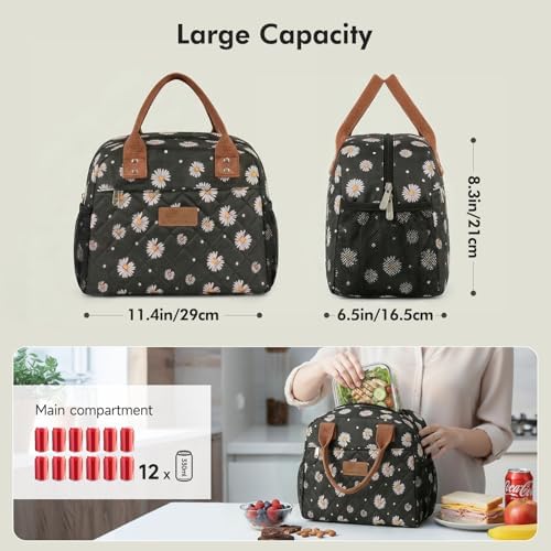 HOMESPON Insulated Lunch Bag for Women Men, Cooler Tote Box, Black Daisy