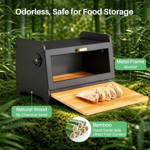 SNTD Bread Box for Kitchen Countertop, Bamboo Cutting Board, 1 Tier, Black