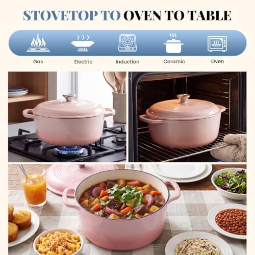 DUMOS Cast Iron Dutch Oven, 6 Quart Pot with Lid, Enameled Heavy Duty Cookware, Oven Safe to 500°F, Perfect for Bread Baking, Stews and Roasting, Moisture Sealing Lid with Dual Handles, Gradient Pink
