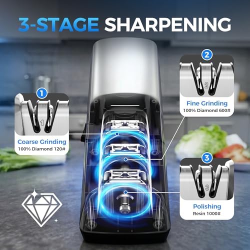 Electric Knife Sharpener for Kitchen Knives, 3-Stage, Fast, Repair, Polish