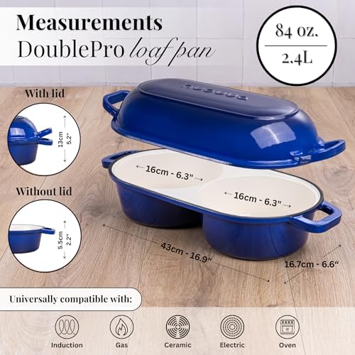 Dutch Oven For Sourdough Bread Baking – Enamelled Cast Iron Bread Loaf Pot – 500°F Oven Safe Non Stick Bread Pot – Double Round Loaf Space, 16.5cm Diameter, Dark Blue, – by Nuovva