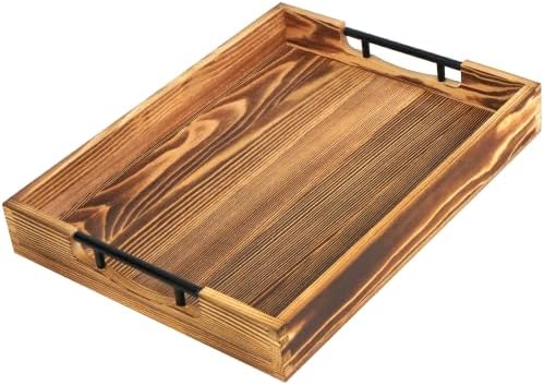 LotFancy Wood Serving Tray with Metal Handles, 17x13 Inch Tray for Ottoman