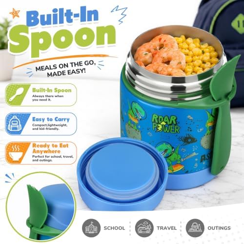 Howeemo 10oz Soup Thermo for Hot Food Kids, Leak Proof Stainless Steel Wide Mouth Lunch Food Jar with Spoon, Dinosaur Blue