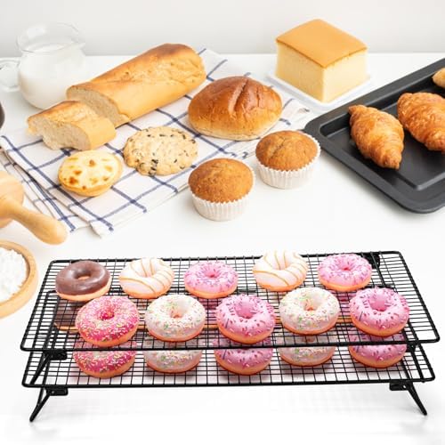Kingrol 2-Piece Cooling Rack with Collapsible Folding Legs - for Cooking, Roasting, Drying, Grilling (Black)