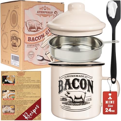 Ayerphalo 24oz Enamel Bacon Grease Container with Strainer, Farmhouse Beige